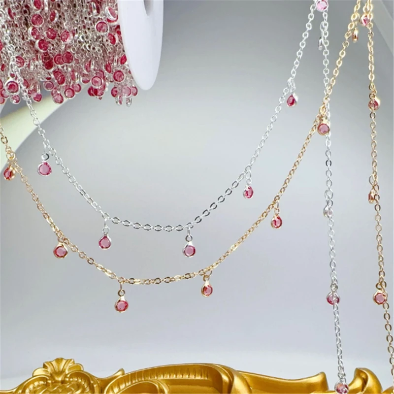 10 Meters/Lot Fashion Brass Pink Glass Crystal Link Chains for DIY Necklace Garment Tassel Chain Jewelry Findings Accessories