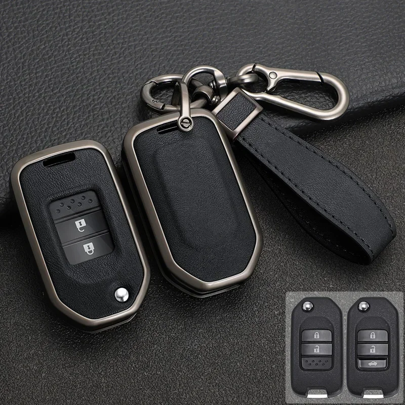 

Zinc Alloy+Leather Car Key Case Cover For Honda Civic 8th Gen HRV CRV XRV Crider Odyssey Pilot Fit Accord Folding Key Protector