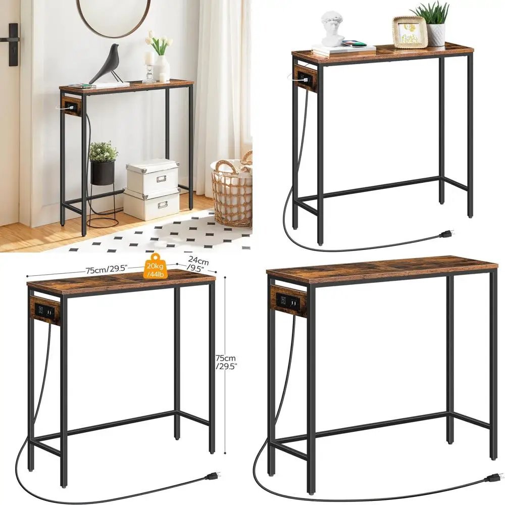 

Компактный прихожий столик 29,5 дюймов с зарядной станцией, подходит для прихожей, спальни, гостиной - в деревенском стиле, коричневый и черный