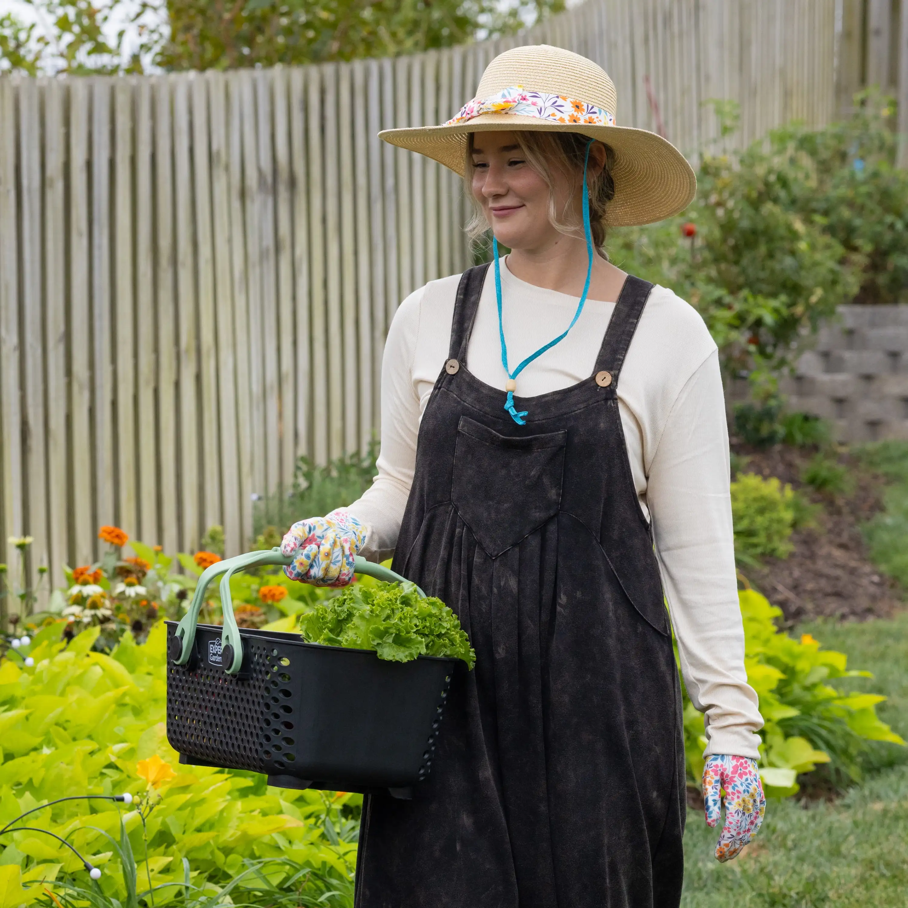 Heavy Duty Farm Harvest Basket Plastic Fruit Vegetable Picking Container with Handles Large Capacity Black Rustic Style