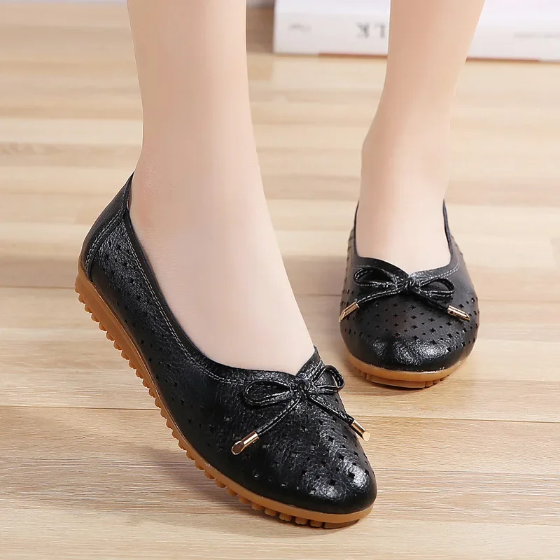 2024 summer Women Cutouts Genuine Leather Mom Shoes Comfortable Flats Nurse Casual slip-on ballet flat loafers size 35-42