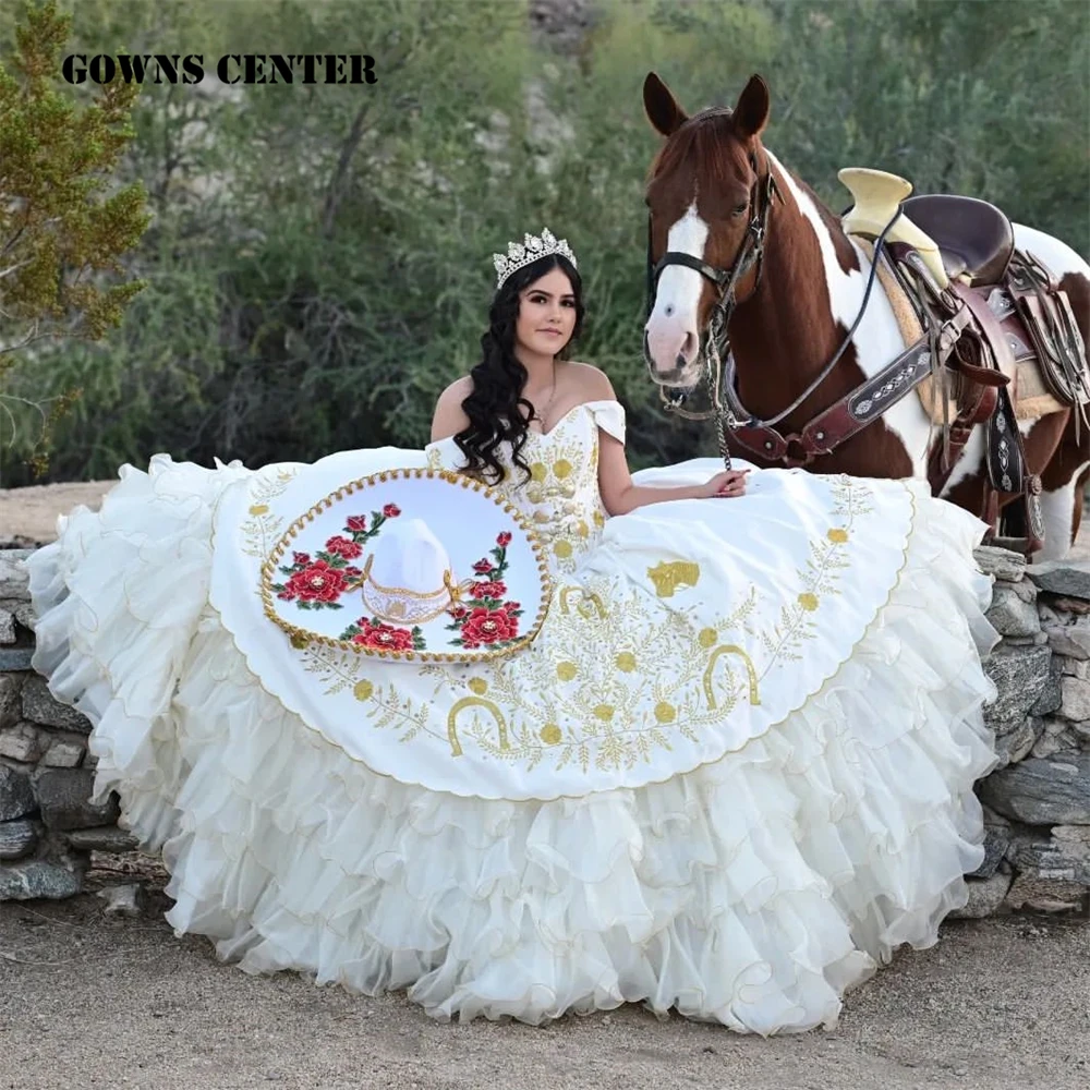 Luxury Rufflels Gold Embroidery Ball Gown Mexican Quinceanera Dresses 2024 Off Shoulder Sweet 16 Dresses Vestidos De 15 Años