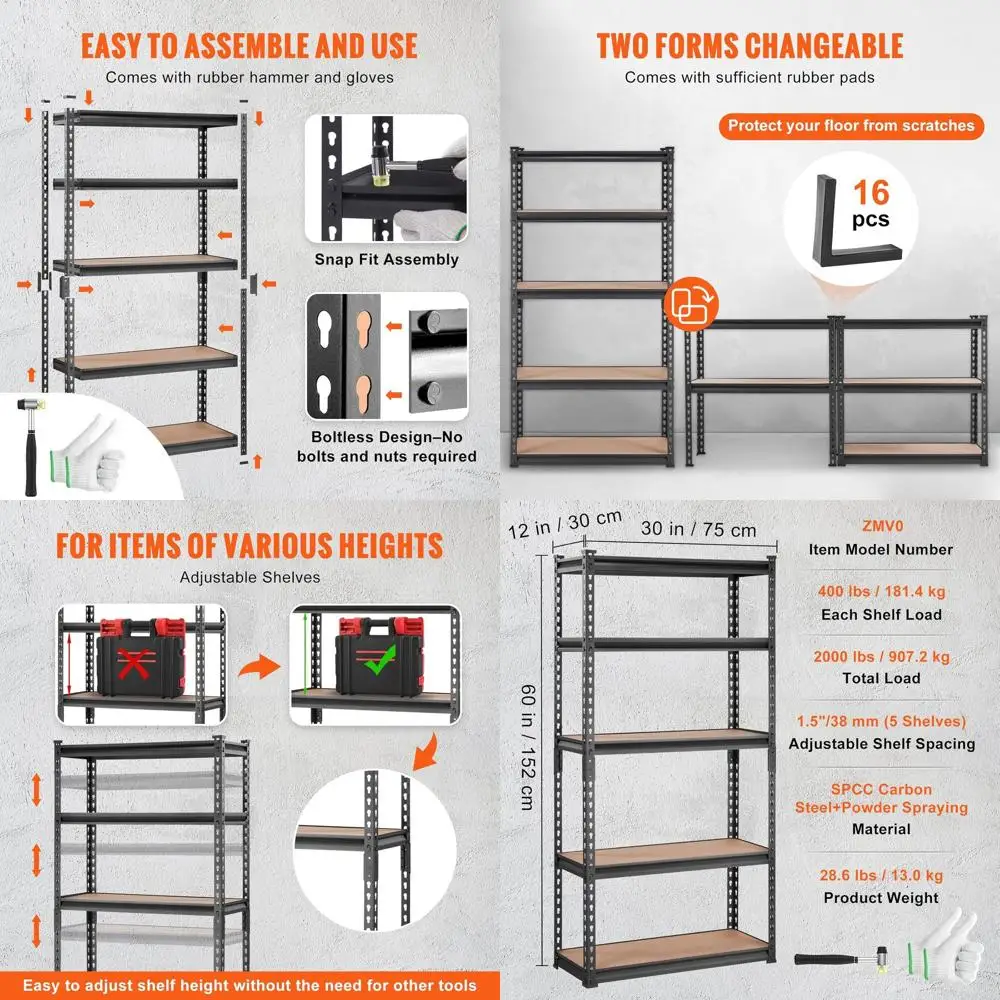 

Adjustable 5-Tier Heavy-Duty Metal Shelving, 2000 lbs Capacity, Black, 30x12x60 for Kitchen, Pantry, Basement, and More