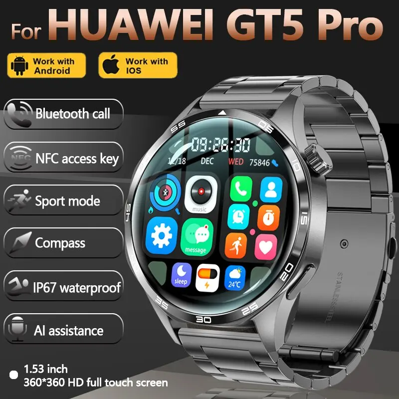 2024 New for HUAWEI GT5 PRO Smart Watch for men GPS sport NFC assess control Bluetooth call Compass IP67 Waterproof smartwatch