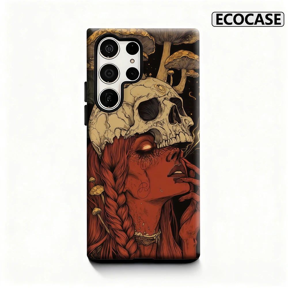 Halloween-Handyhülle mit Totenkopf- und Pilzmotiv für Samsung Galaxy S25 Ultra S24 S23 Ultra Plus, glänzende doppellagige Rückseite