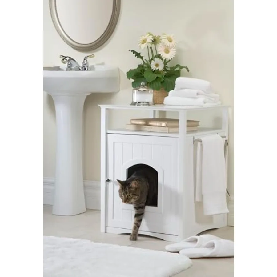 

Cat Washroom Litter Box Cover Night Stand Pet House with Wooden Finish and White Color for Indoor Use Provides Privacy and Keep