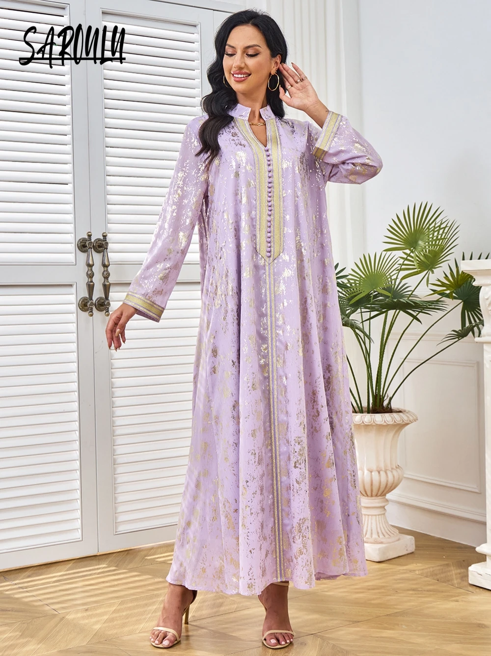 Hot Sale Abaya Purple Gilding Evening Dress Turkey Elegant Formal Party Robe Spring Autumn Customized In Stock Muslim Prom Gown