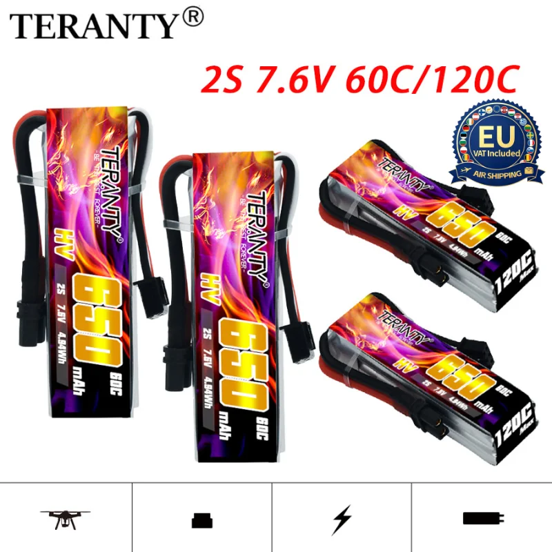 2/4/6/10PCS TERANTY 650mAh 2S 7.6V HV Lipo Battery MAX 60C/120C For RC Tinywhoop FPV Frame Kit Racing Drone With XT30 Plug