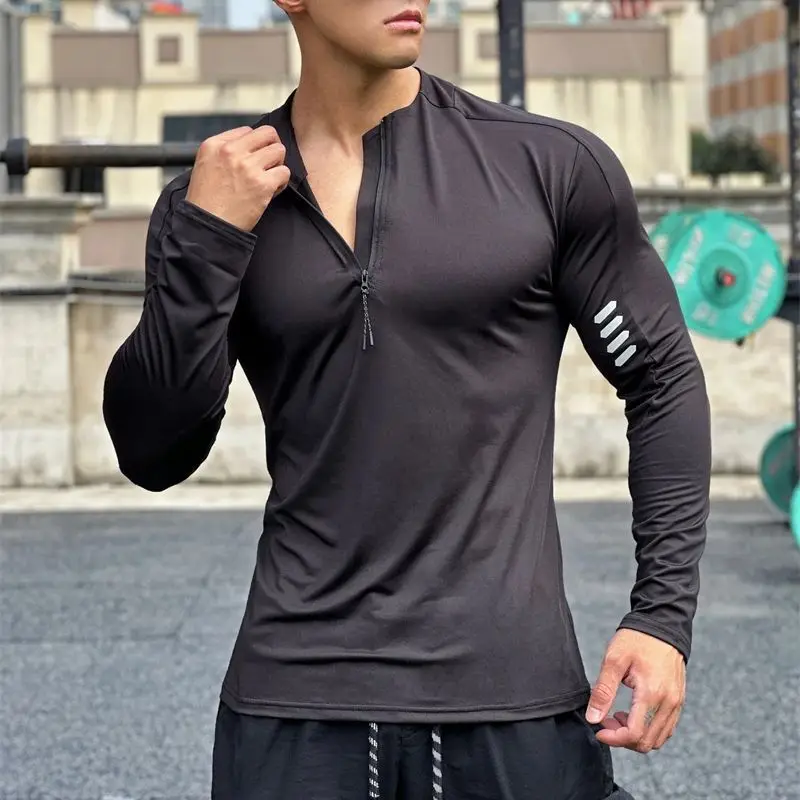 New casual men's long sleeve T-shirt zipper neckline stretch sportswear reflective strip design fitness jacket men's wear