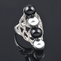 SINLEERY Black Acrylic Ball With Gray Simulated Pearl Long Rings For Women Silver Color Crystal Vintage Jewelry JZ168