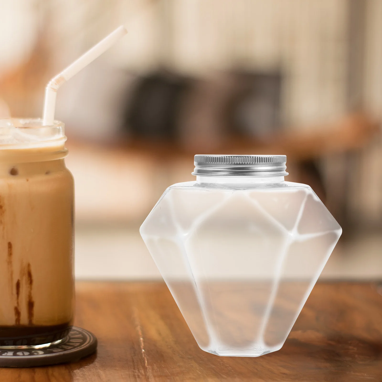 

6Pcs Diamond Shape Plastic Juice Bottles Clear Transparent Beverage Container Portable Milk Tea Yogurt Storage Bottle