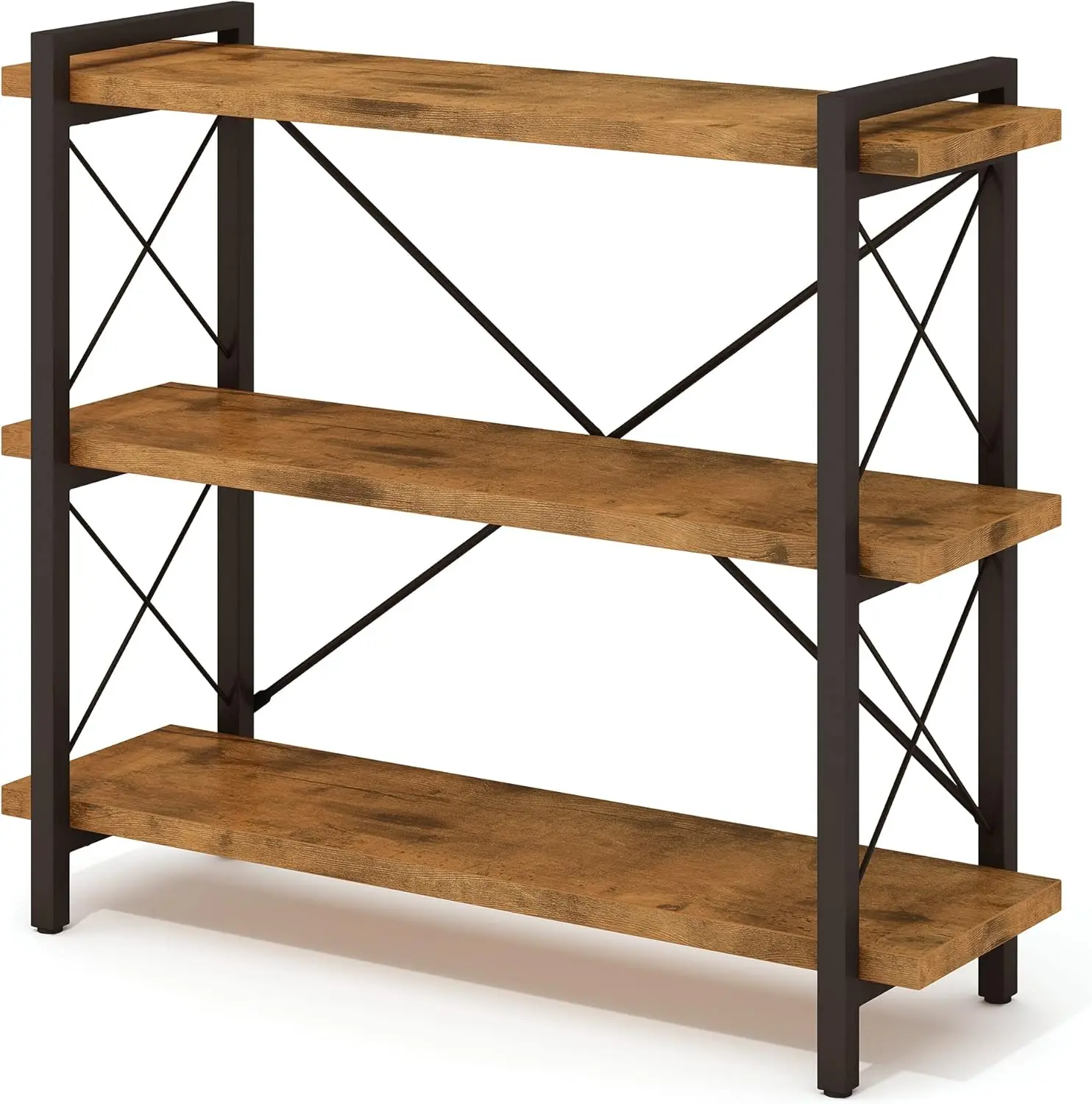 

3-Tier Industrial Bookcase, Rustic Open Bookshelf, Wood and Metal Horizontal Shelving Unit