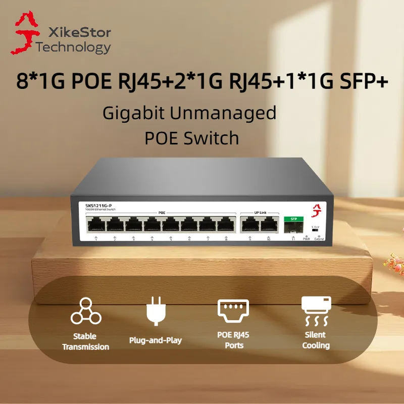 

XikeStor SKS1211G-P Unmanaged PoE Switch 1000M/Gigabit POE Switch 8*POE RJ45+2*RJ45 uplink+1*SFP Network Switch, Plug and Play