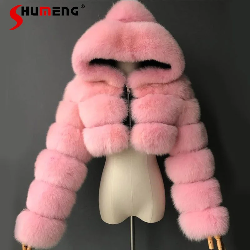 ยุโรปและอเมริกาสีส้มเลียนแบบฟ็อกซ์ขนสัตว์Hooded Coatsผู้หญิงเย็บแขนยาวสีชมพูFluffy JacketเดินทางFaux Fur Coat