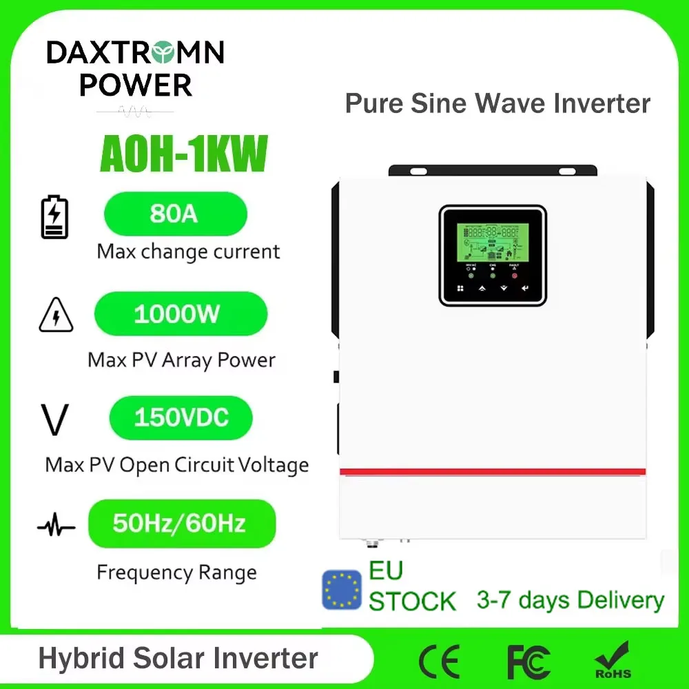 Daxtromn 1KW Hybrid Solar Inverter 1000W 12V 220V Off-gridPure Sine Wave r Built-in 80A MPPT Solar Inverter Solar Controller