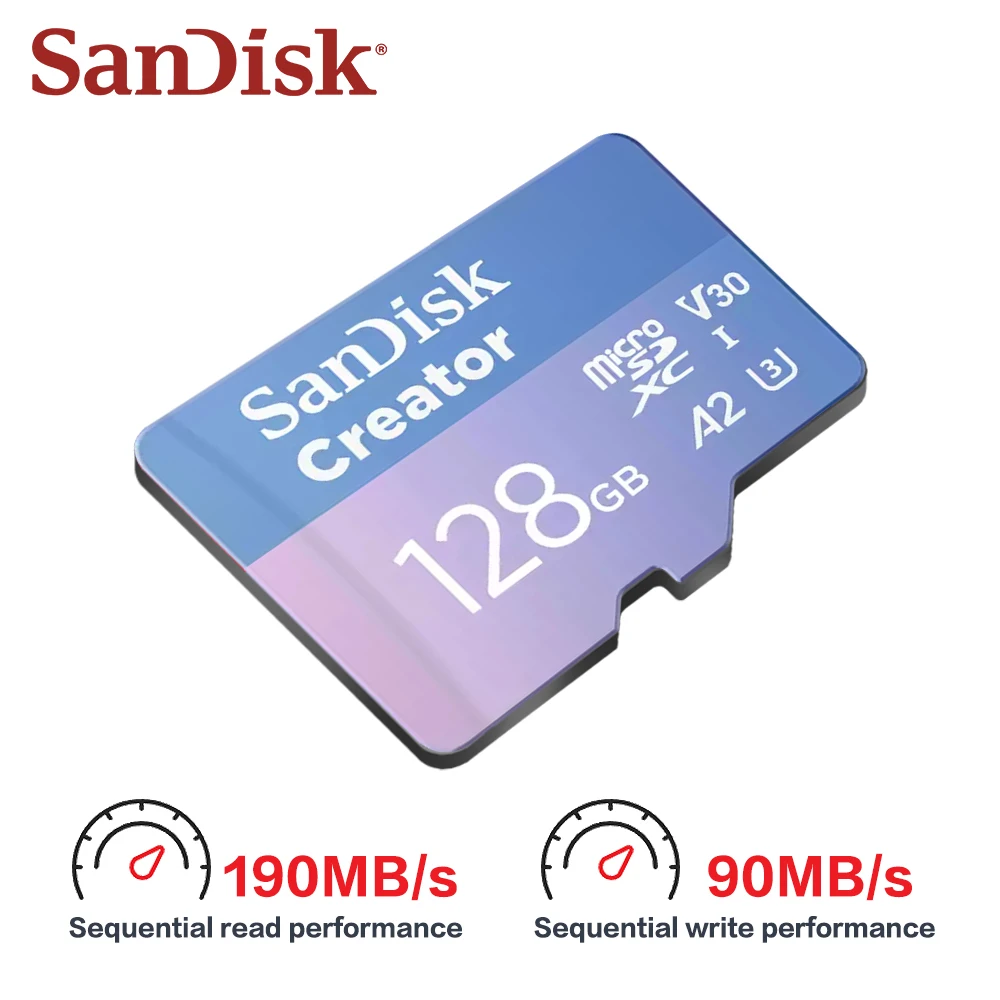 SanDisk Creator Series microSD UHS-l Flash Memory Card with Adapter 128GB-1TB Read 190MB/s A2 V30 U3 5.3K For phone/drone/camera