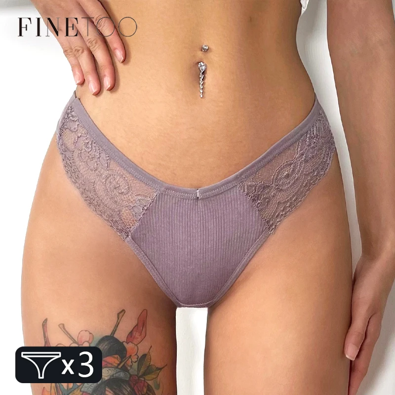 FINETOO 3Pcs Women\'s Cotton Underwear Lace Thongs Sexy Solid Color Low Waist Bikini Panties Ladies Breathable G-string Lingerie