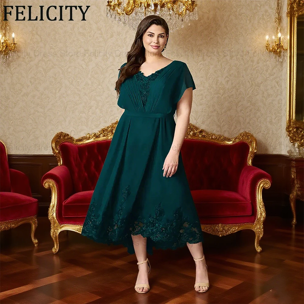 

FELICITY Customized Elegant Plus Size Mother of the Bride Dress A-Line V-Neck Wedding Guest Dress Lace Appliques Long Party Gown