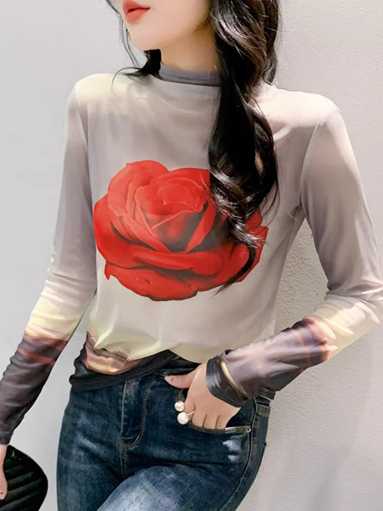 Autumn Spring Chic Printing T-Shirt High-Neck Mesh Base Tops Women Long Sleeve Simple Slim Fit Tees Blouse