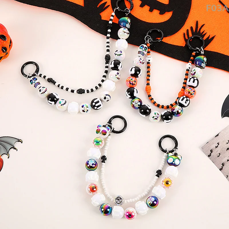 1PC Mobile Phone Lanyard Halloween Pumpkin Ghost Head Beaded Keychain Pendant Girls Gift Mobile Phone Chain