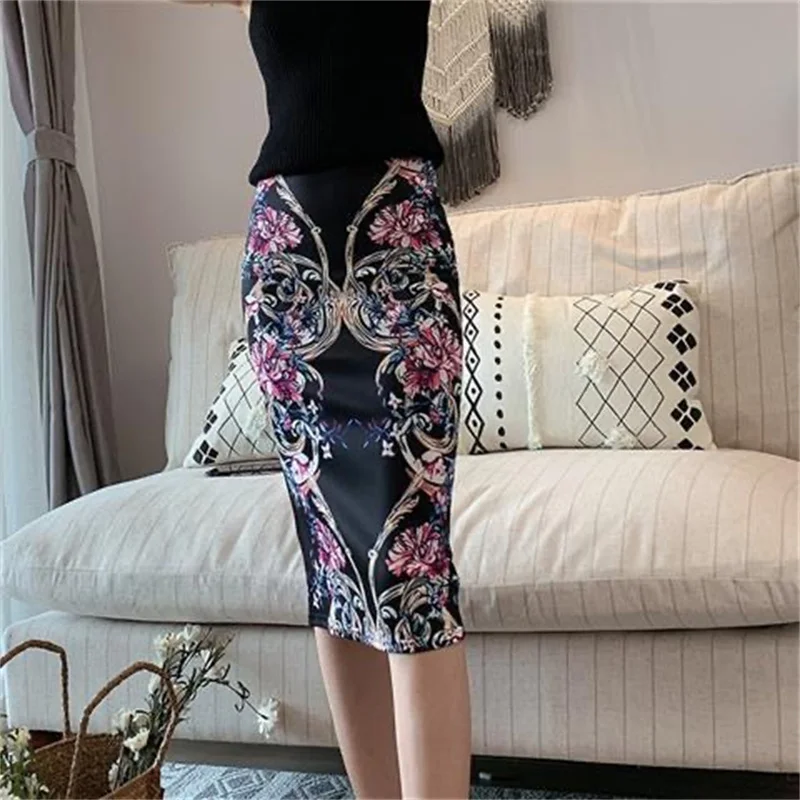 Oversize S-XXL Vintage Print Midi Skirts Casual High Waisted Long Skirt with Slit Elegant Work Office Skirts Daily Wear