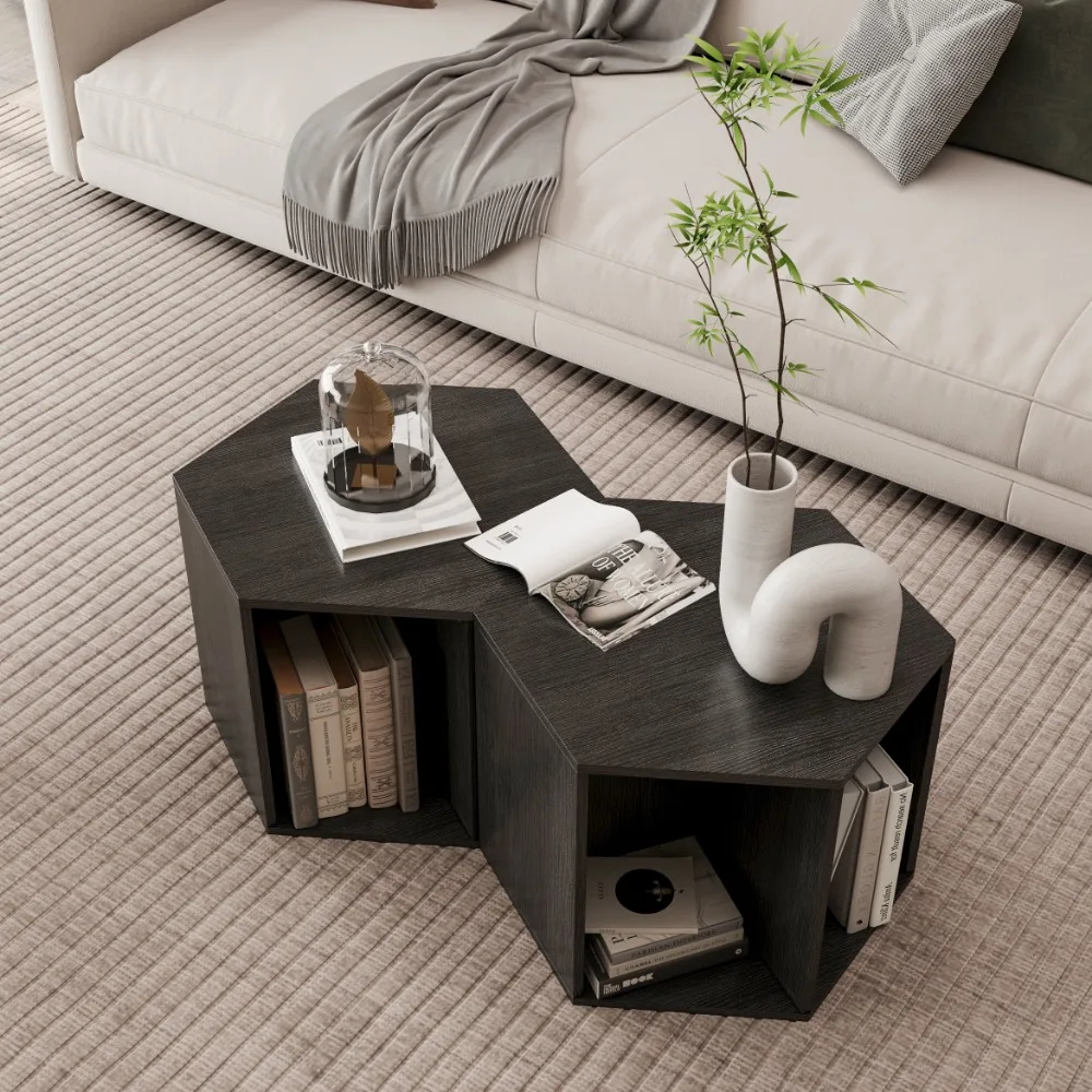 

Modern Hexagonal Coffee Table Set of 2, Shaped Side Table End Table Nightstand with Storage Space, Unique Coffee Tables