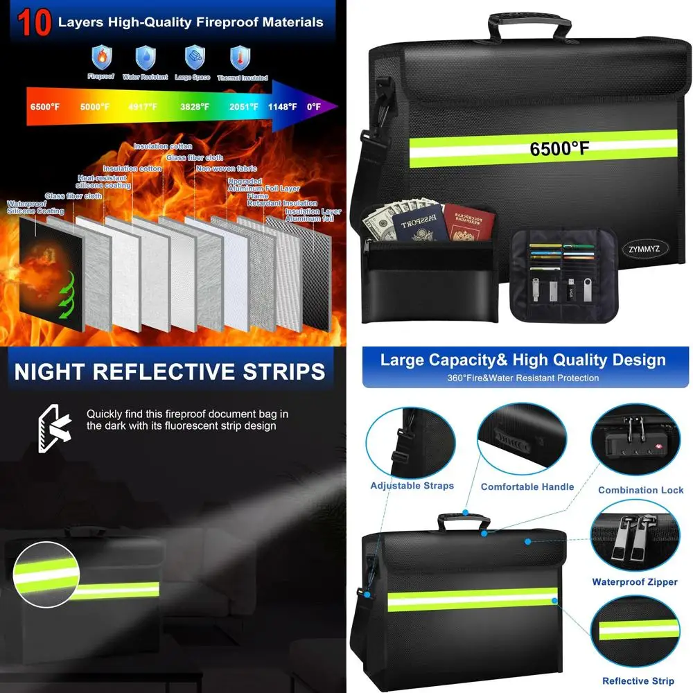 

Large 6500° Document Organizer with Lock, 10 Heat & Water Resistant Layers, Removable Dividers, Portable Storage for Home and Tr