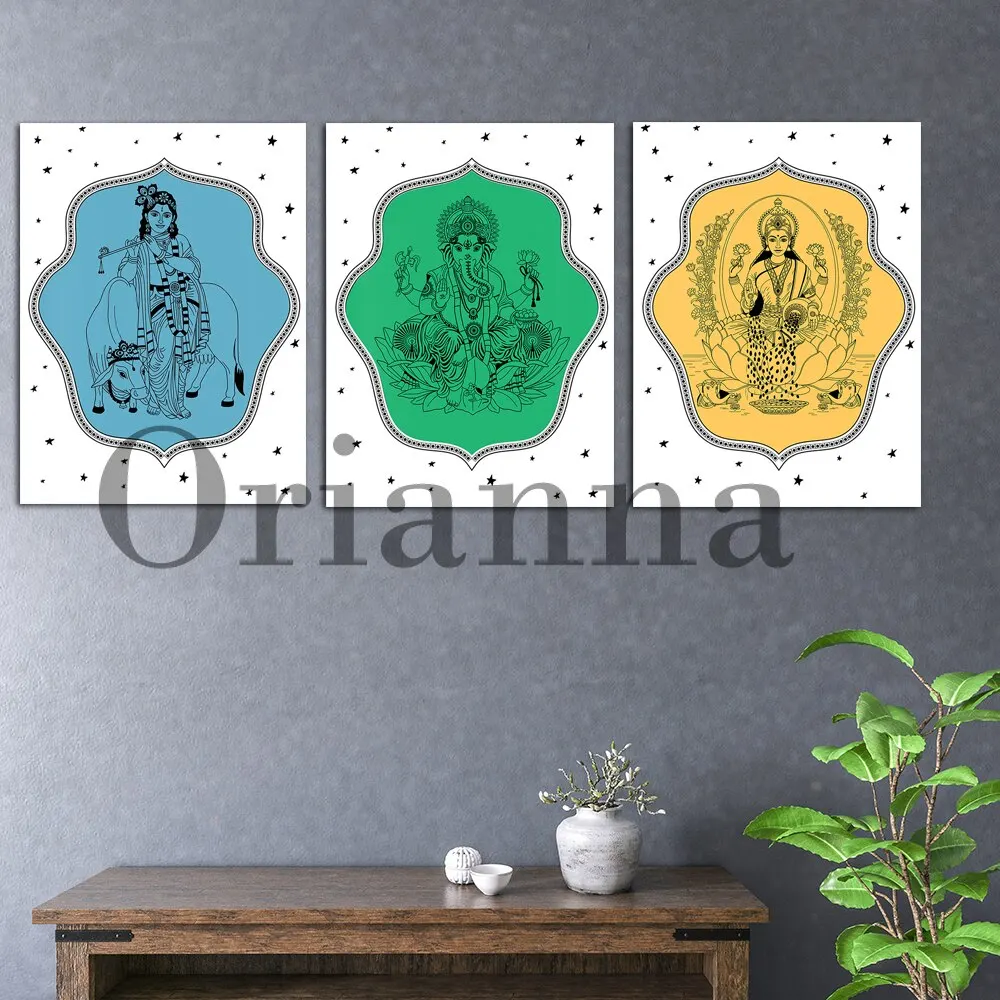 Hindu Ganesha Goddess Lakshmi  Lord Krishna Modern Wall Art Prints  Posters for Living Room Bedroom Yoga Studio Decor  Painting