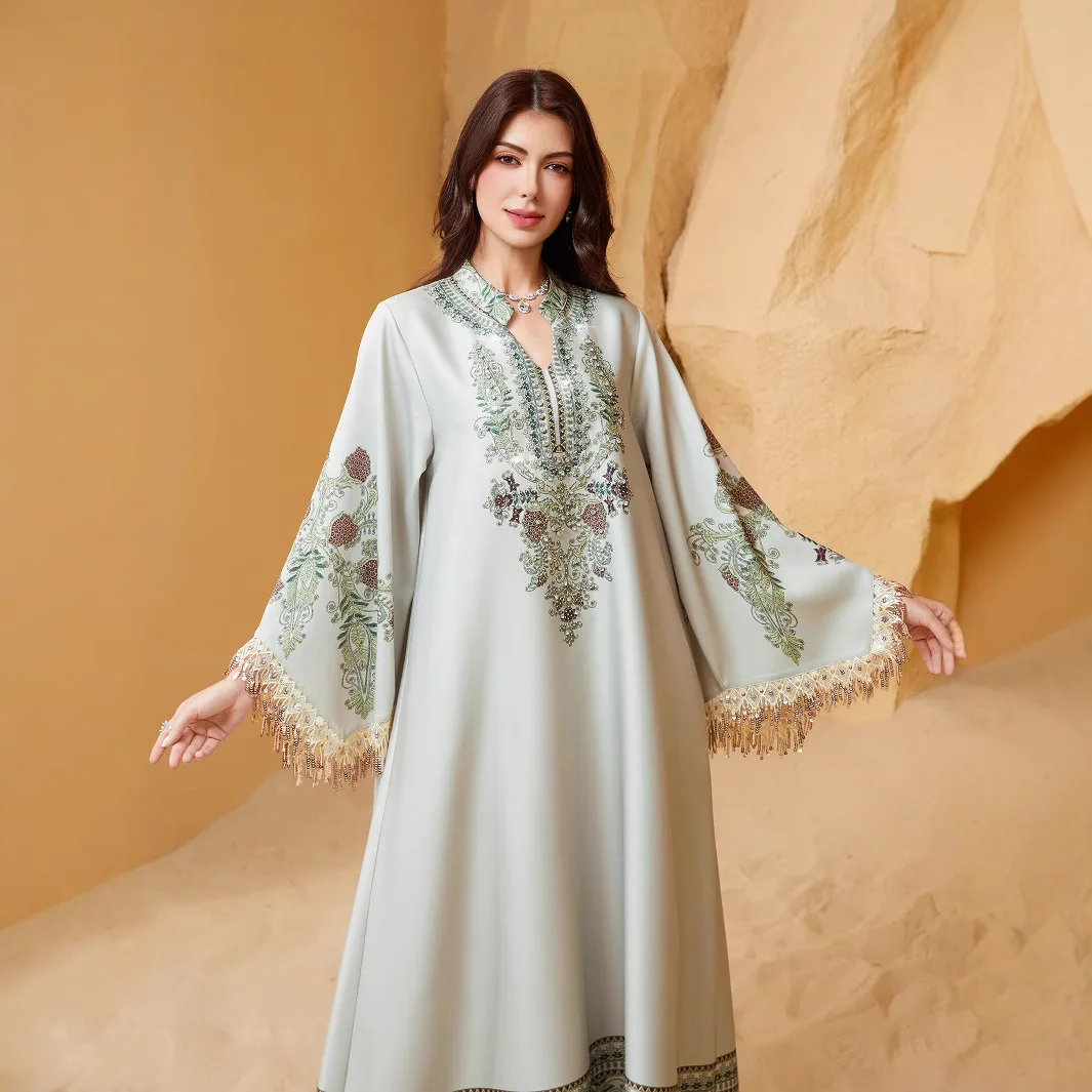 

Nc21 Muslim Women's Robe V-neck Printed Tassel Elegant Arabic Dress Abaya Robe Abaya Ramadan Dubai Luxury Islam Elegant
