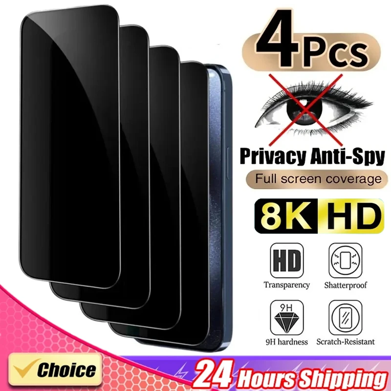 

4Pcs Privacy Tempered Glass For iPhone 16 15 14 13 12 11 Pro Max Anti-Spy Screen Protectors For iPhone XS Max XR 16 Plus Glass