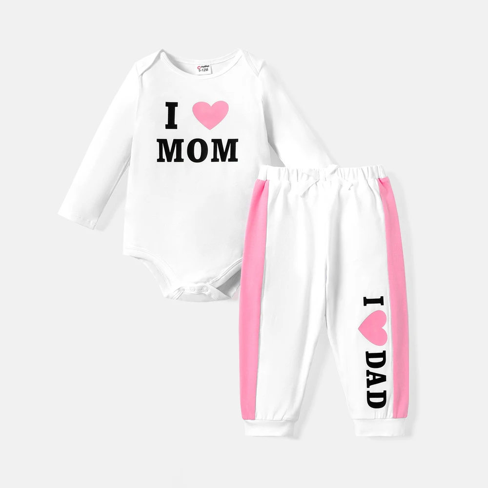 PatPat 2-delige set van katoenen romper en joggingbroek met lange mouwen en hart- en letterprint voor babymeisjes