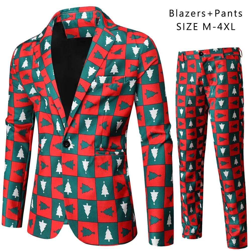 (Blazer + Pants ) Large Size Christmas Cartoon Print Costume Homme 2 Pieces Prom Stage Party Dress Up Slim Fit Men Suits Sets