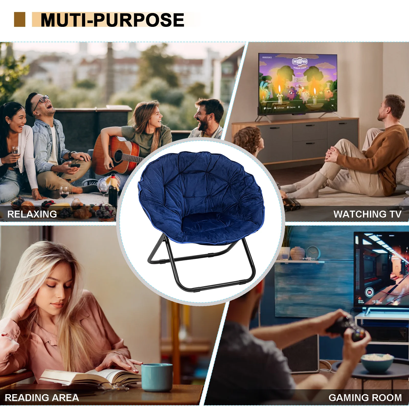 Grezone Round Foldable Saucer Chair, Moon Chair with Metal Frame for Bedroom