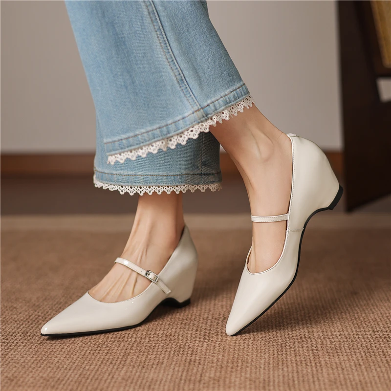 Drestrive 2026 New Classic Patent Leather Pointed Toe Thick Mid Heels Buckle Women's Pumps Shallow Shoes Mary Janes