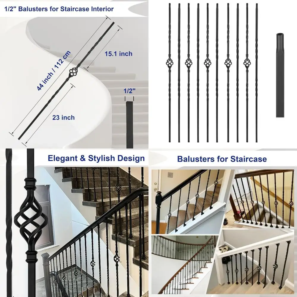 

Набор из 10 полых металлических балясин, 4 квадратных шпинделя 1/2 с корзиной и поворотным дизайном, атласный черный цвет для лестниц