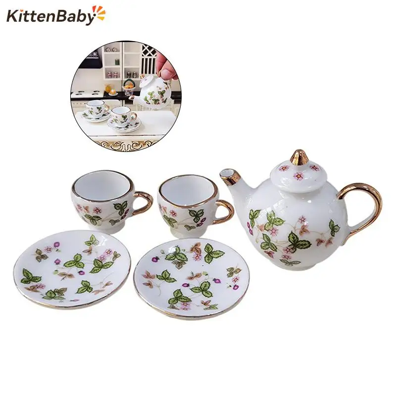 1Set Ceramic 1:6 1:12 Doll House Miniature Porcelain Tea Cup Set Tableware Kitchen Dollhouse Teapot DIY Toys Kid Gift