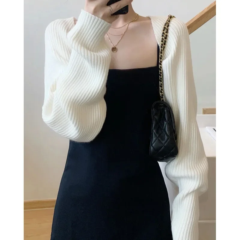 Elegant French Knitted Cardigan Women's Spring Autumn Scarf Small Shoulder Vest Tank Top Loose Fit Jacket Cover Up