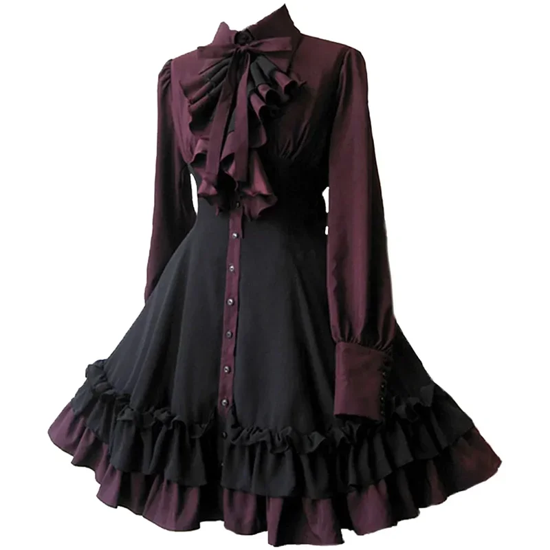 Medievale retrò gotico Lolita nero gotico donna abiti Lolita colletto con fiocco pieghettato Lace Up Goth Vintage Chic Jurken Dress