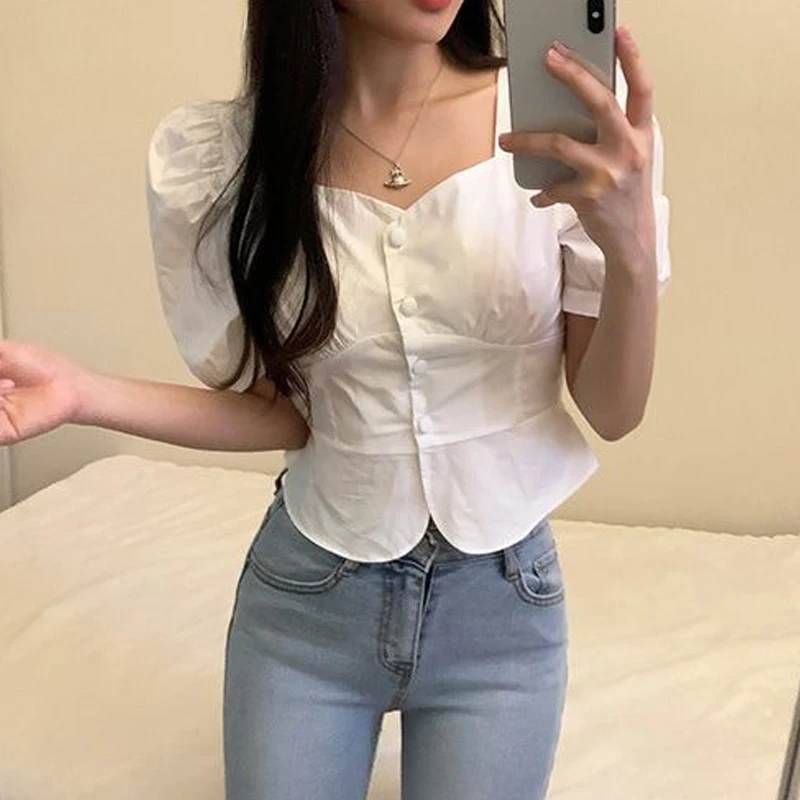 

Chic Square Collar ort Bubble Sve White irt Women's Summer Faion Sensation Slim Fit Button Detail Korean Sle Top