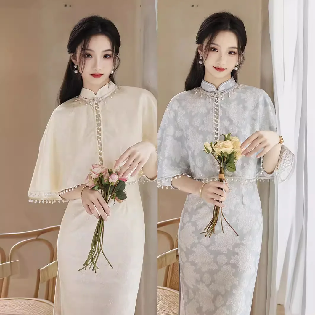 

Весна и осень 2021, новое платье Ципао средней длины с шалью, улучшение в стиле ретро, Китайская Республика, стиль для девочек, молодое Ципао