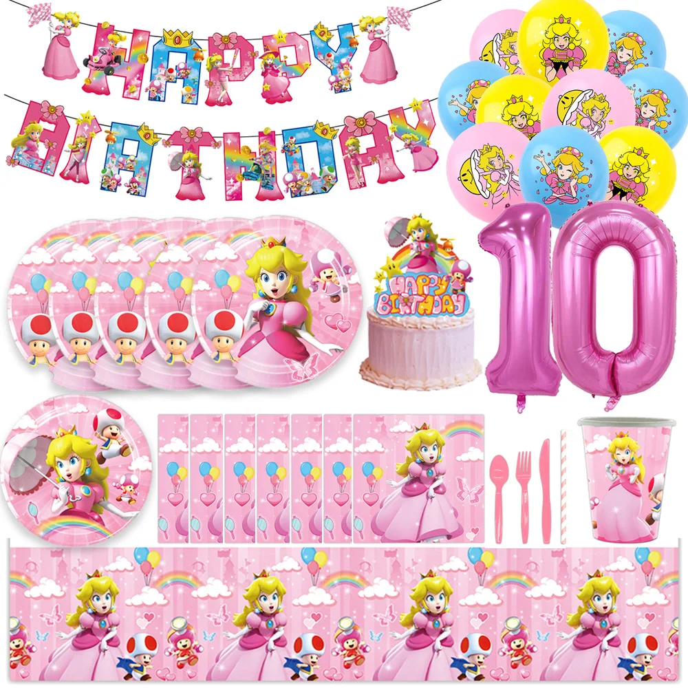 الأميرة P-Peach موضوع فتاة حفلة عيد ميلاد الديكور أدوات المائدة القابل للتصرف مفرش المائدة بالون خلفية راية لوازم الحفلات #1