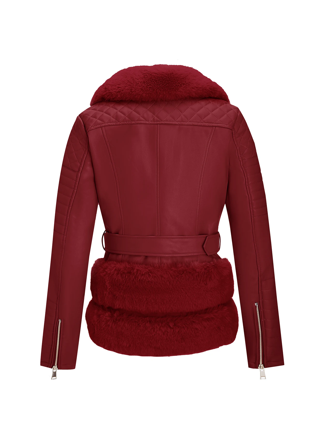 Jaqueta feminina de couro sintético com gola elegante de pele sintética, cinto e estilo vintage quente – perfeita para outono e inverno