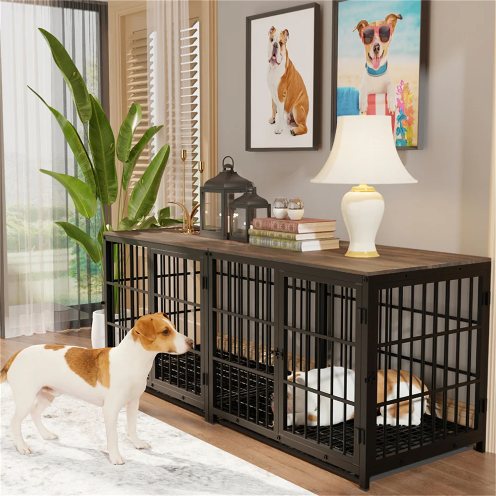 Large Wooden Dog Crate Indoor Furniture Style Elevated Pet Dog Cage Kennel End Table Lattice Playpen with 3 Doors Removable Tray