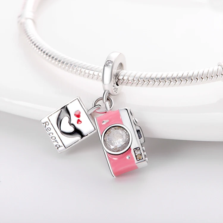 Charms Original 925 Sterling Silver Pink Camera Pendant Beads Fit Bracelet Diy Fine Gift Women Delicate Jewelry Accessory