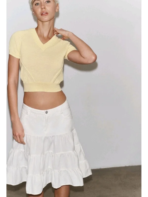 

Casual V-Neck Short Sleeve Women's Knitted Top Summer New Arrival Lazy Style Stitching Decoration Casual Wear
