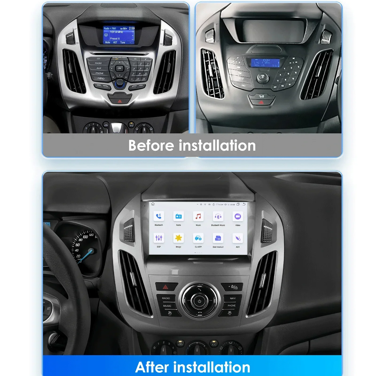 Carplay 4G 2 Din Android 14 راديو السيارة لسيارة Ford Transit Connect 2013 - 2018 Ford Tourneo Connect مشغل فيديو الوسائط المتعددة GPS DSP