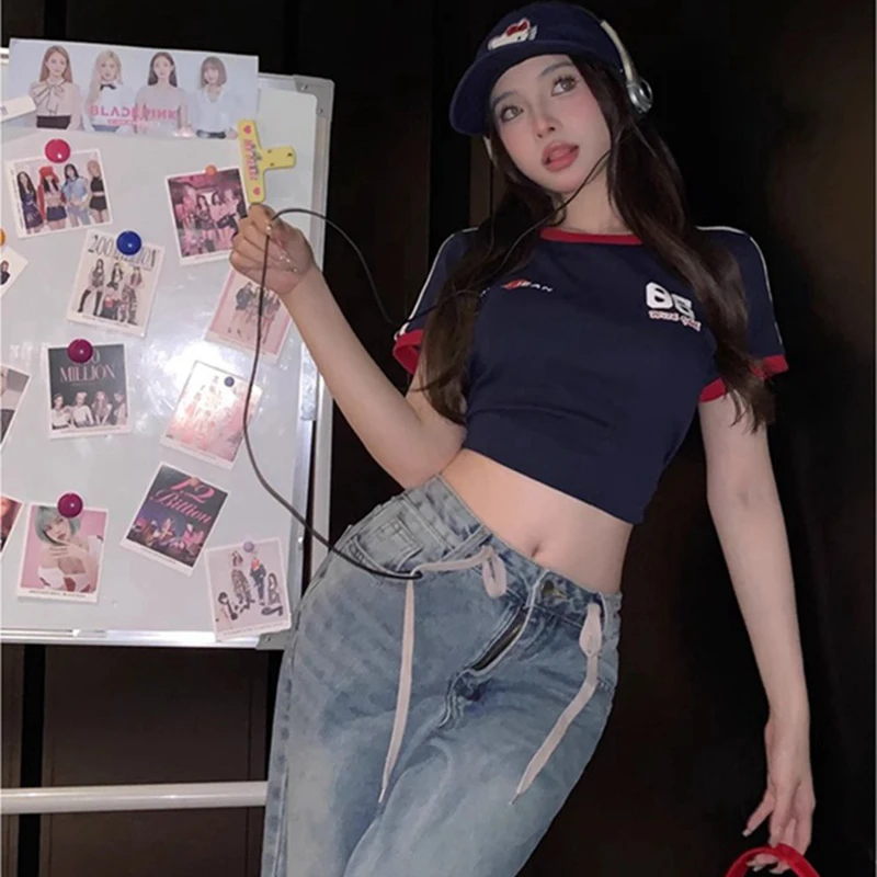 Summer T-shirt Women Aesthetic 90\'s Crop Tops Casual Grunge Vintage Women Letter Print Casual Short Sleeve T-Shirt Y2k Clothes