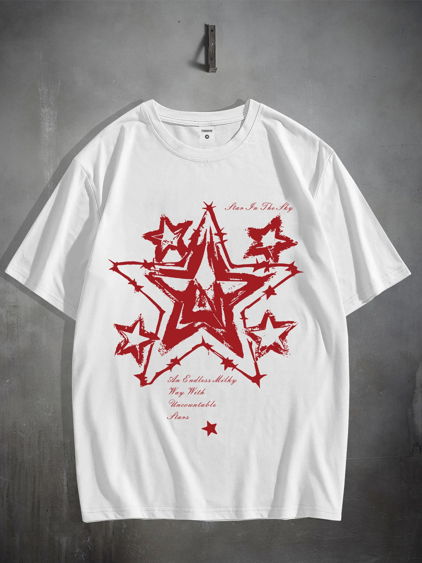 Layered Red Stars with Handwritten Text Tee 100% Cotton Mens T Shirt Summer Daily Wear Features A Striking Vintage Visual Style