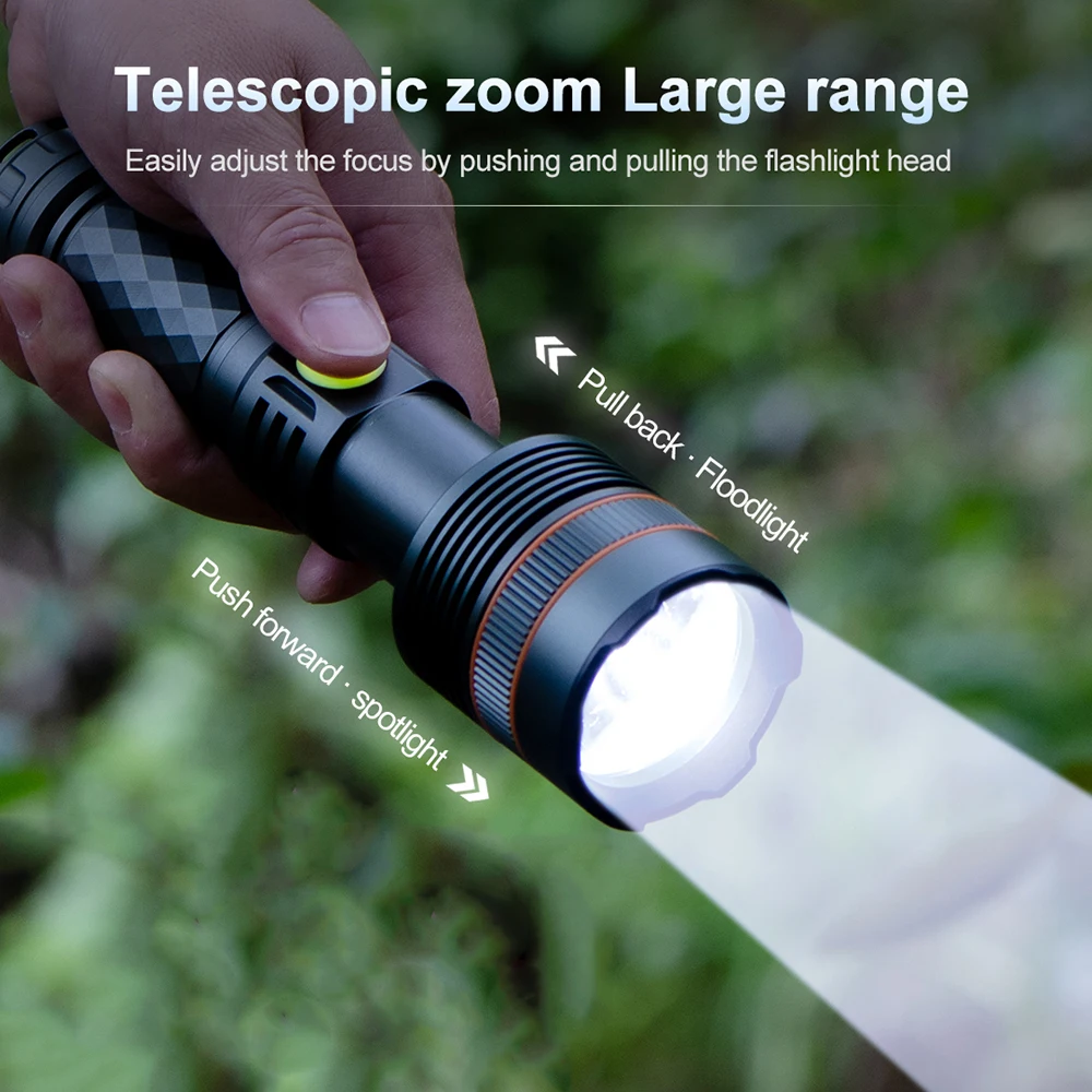 High Power LED Flashlight Metal Button Super Long Range Waterproof Tactical Torch with Colorful night light for Camping Hiking