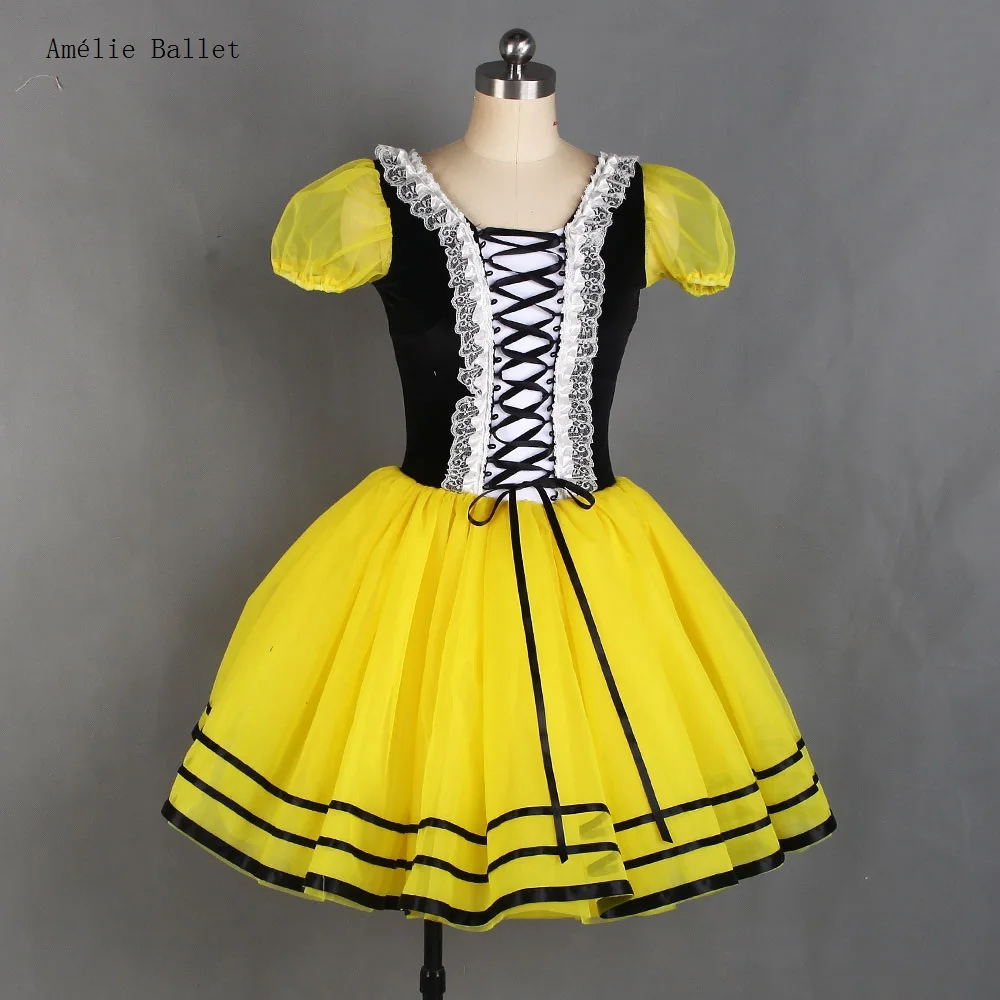 21046 Leotardo de terciopelo elástico negro con mangas abullonadas amarillas adjuntas 5 capas tutú de tul amarillo faldas de baile de Ballet para niños adultos